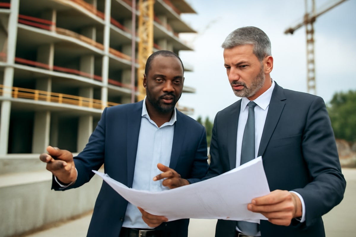 Two men in business attire examining architectural plans at a construction site, with an unfinished building