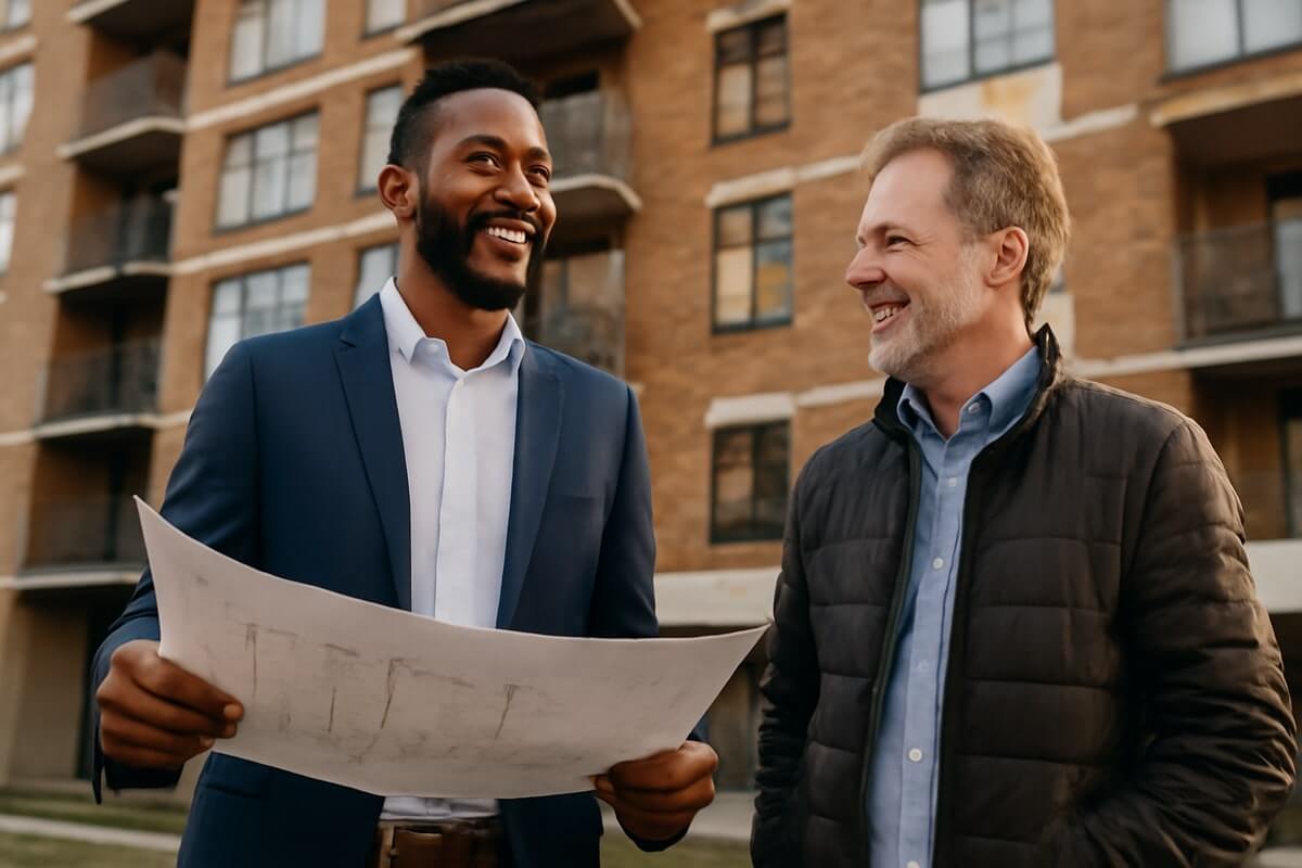 Two men, one African and one Caucasian, standing outside a red-brick apartment