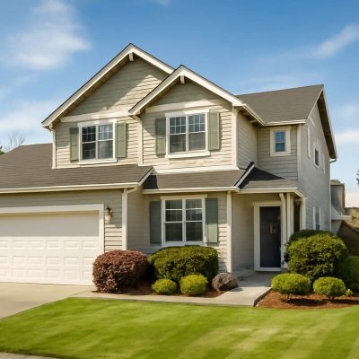 A well-maintained suburban home with a neat lawn and landscaping