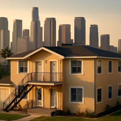 A yellow duplex with a city skyline in the background, representing real estate investment opportunities in urban areas.