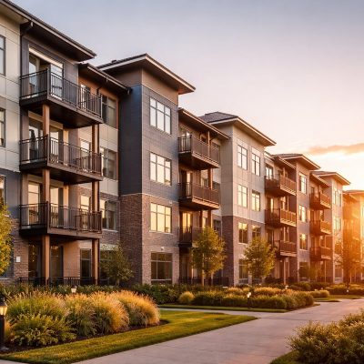 Modern apartment buildings with lush landscaping and sunset lighting.