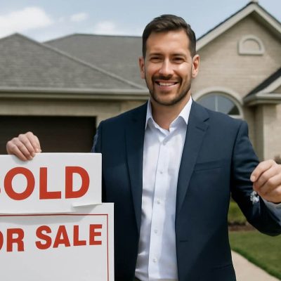 Real estate agent standing proudly in front of a sold home, holding keys and a SOLD sign.