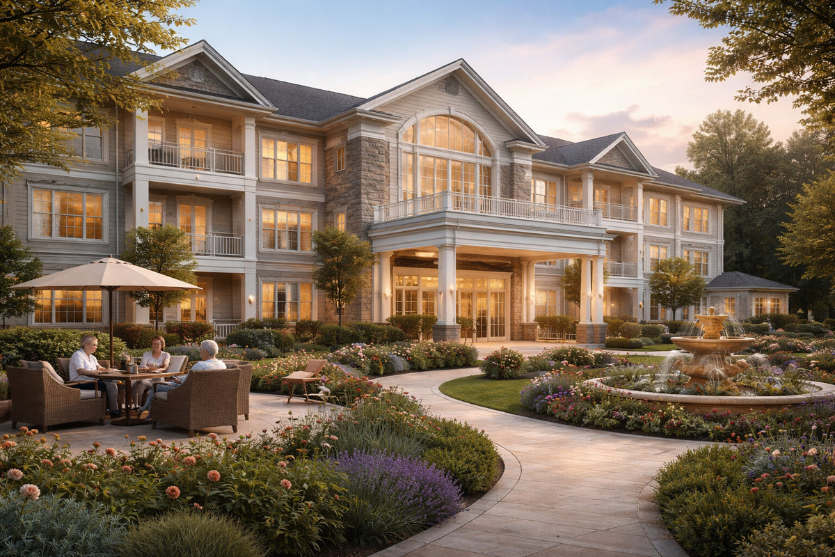 Luxury assisted living mansion with landscaped garden and fountain.