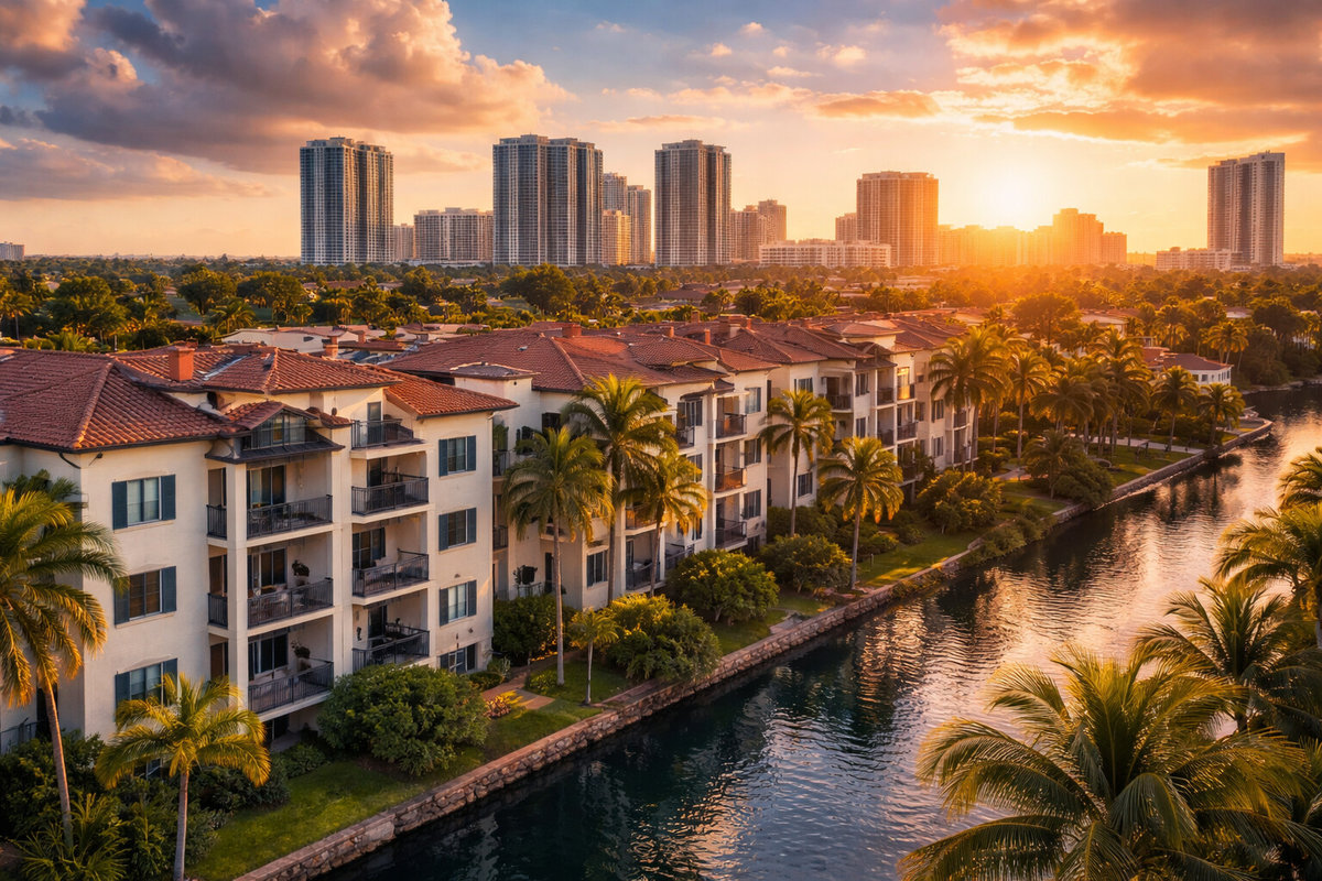South Florida real estate scene at sunset with Mediterranean-style apartments and a reflective canal.