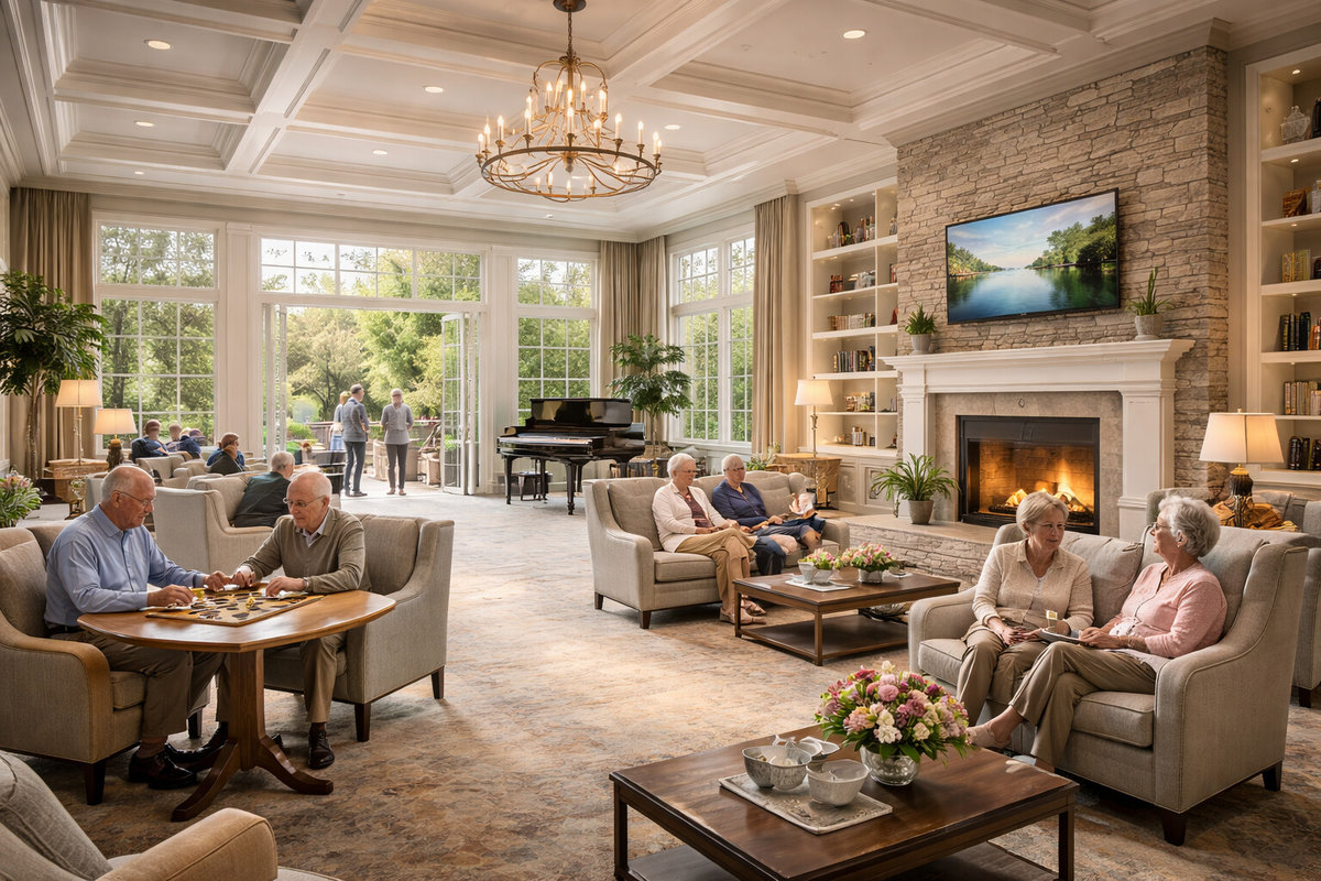 Spacious common area in a luxury assisted living facility with elderly residents engaged in activities.
