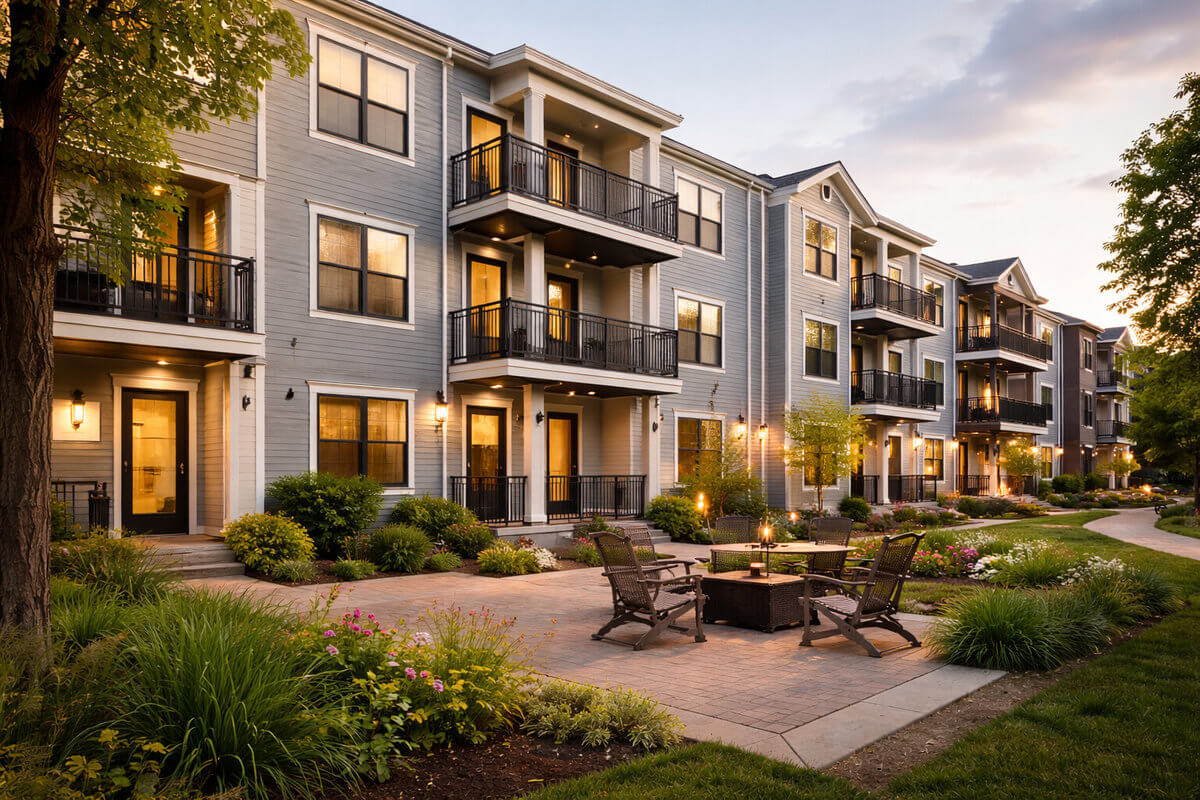 multifamily apartment complex with shared courtyard and amenities used for real estate investing