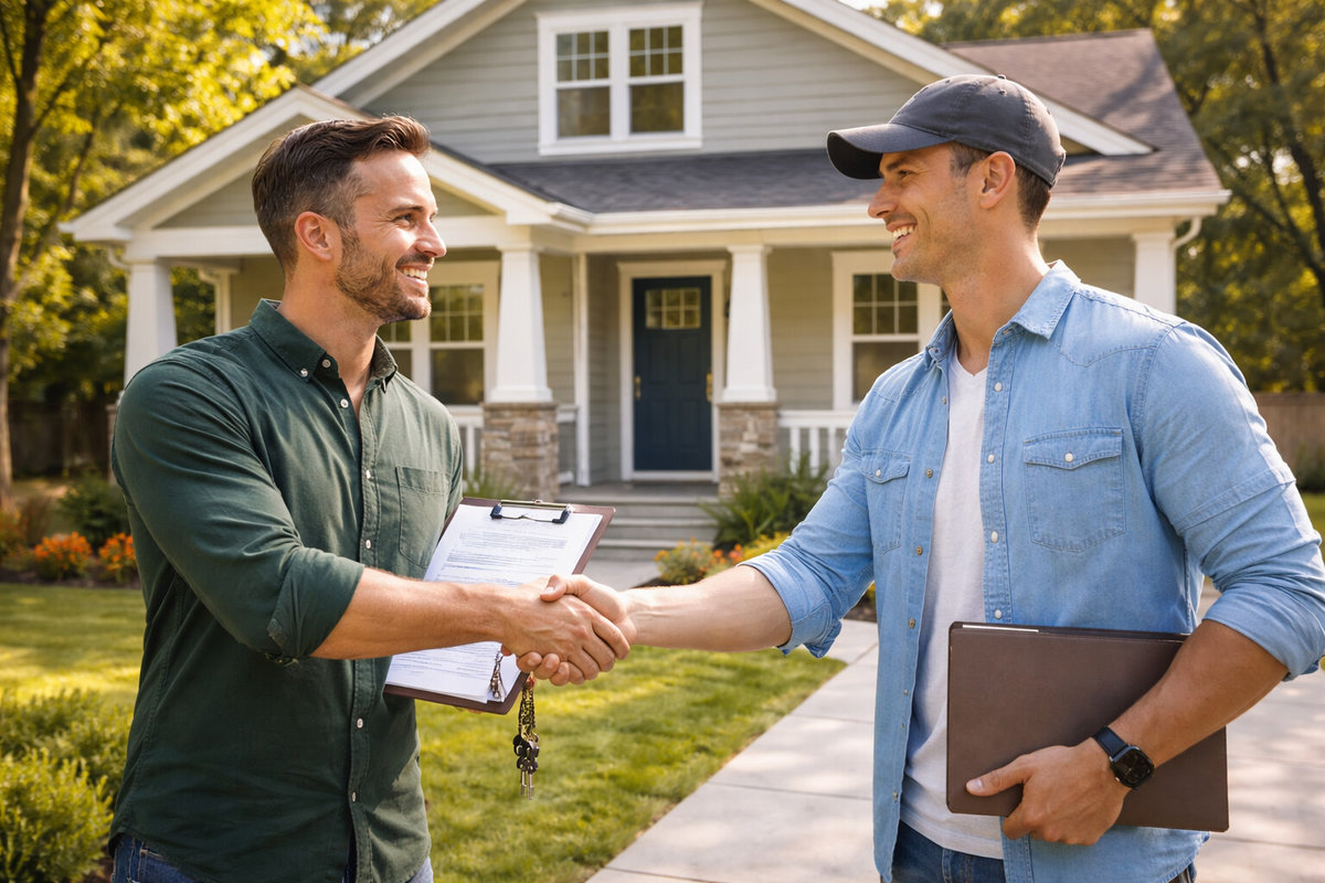 Investor and buyer shaking hands in front of a renovated home