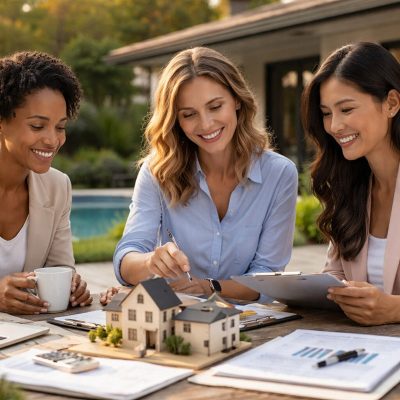 Women discussing real estate investment strategy at a home setting