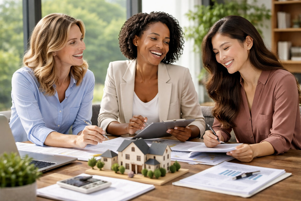 Women reviewing real estate investment plans in a modern office.