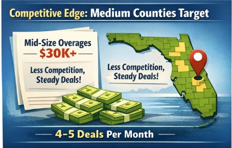Creative real estate financing strategy targeting medium Florida counties for $30K+ tax overages with less competition and steady deals.