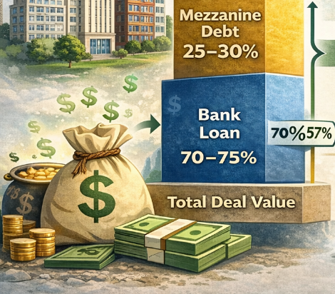 Creative real estate financing example showing mezzanine debt covering 25–30% gap above 70–75% bank loan in total deal structure.