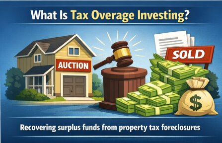 Creative real estate financing strategy illustrated through tax overage investing, auctioned home, gavel, and surplus cash recovery.