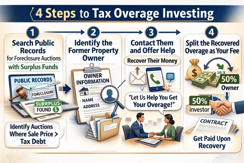 Creative real estate financing infographic showing 4 steps to tax overage investing, from public records search to surplus fund recovery.