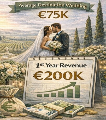 Creative real estate financing strategy using a European wedding venue model generating €75K per event and €200K first-year revenue.