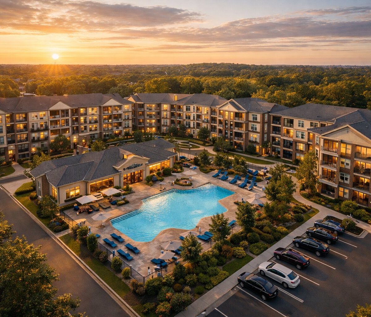 Aerial view of multifamily apartment complex at sunset
