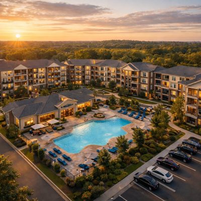 Aerial view of multifamily apartment complex at sunset