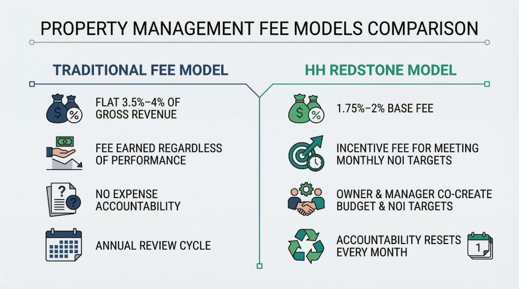 Infographic comparing HH Redstone’s performance-based property management fee model with traditional percentage-of-revenue structure and NOI alignment.