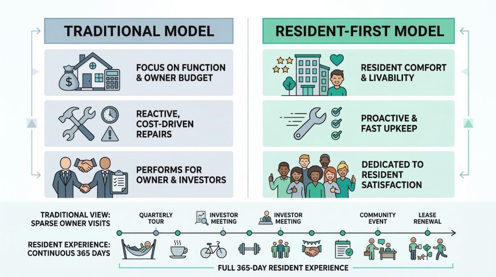 Infographic comparing traditional property management vs resident-first model used by Teddy Abdelmalek to improve NOI and resident experience.