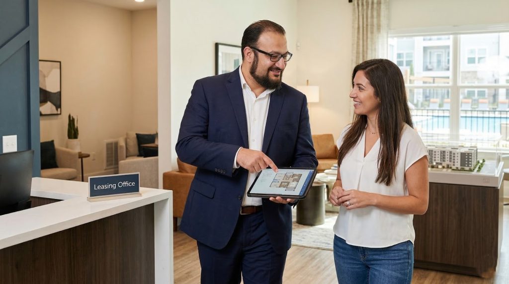 Teddy Abdelmalek reviewing multifamily property management operations with his team to protect NOI and improve resident experience.