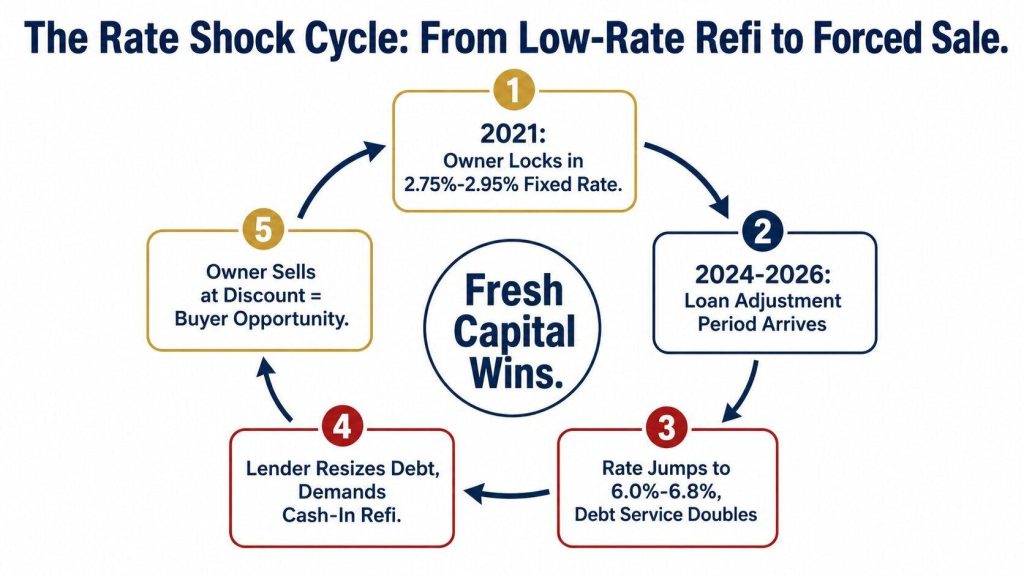 Circular infographic showing the five-step rate shock cycle from low interest rate refinance to forced property sale and buyer opportunity