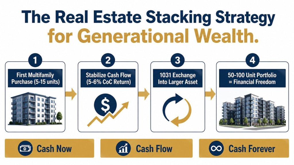 Flowchart showing the real estate stacking strategy from first multifamily purchase through 1031 exchange to 100-unit financial freedom