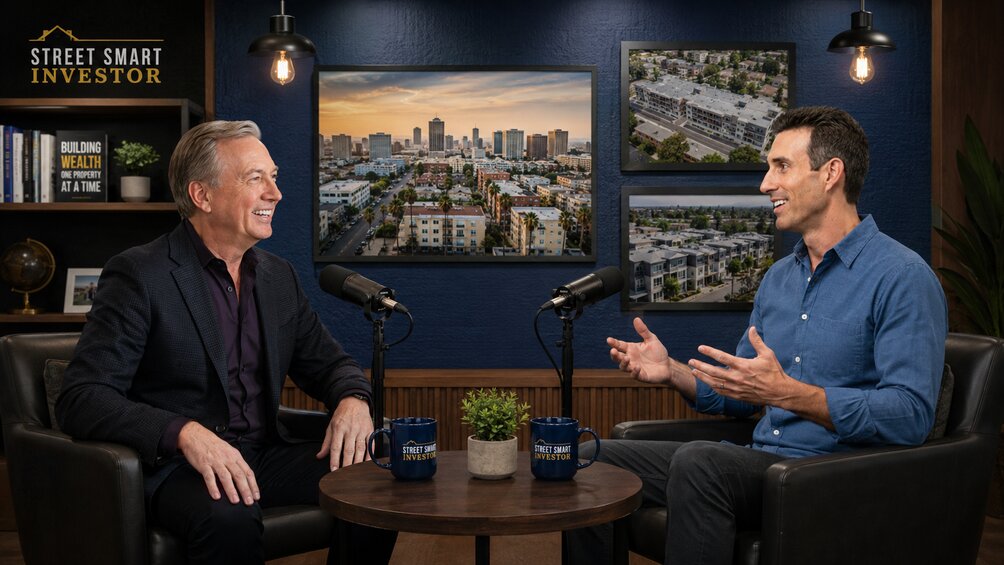 Lou Brown and Jon Swire discussing multifamily real estate investing strategies in a professional podcast studio
