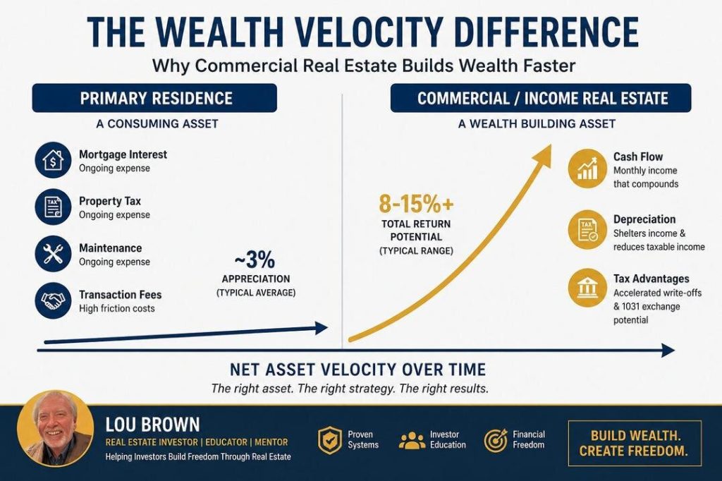 Primary residence versus commercial real estate wealth-building framework diagram.